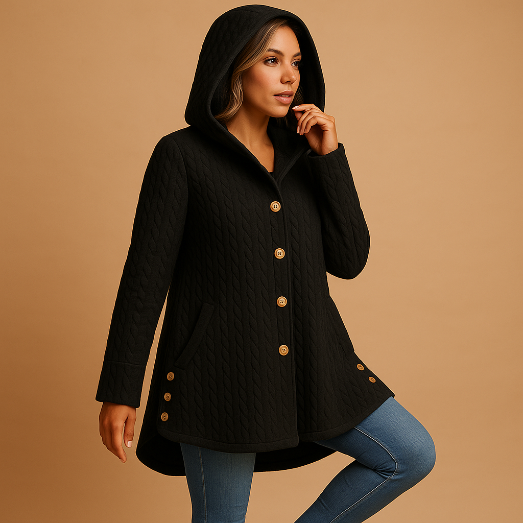 Lange winterjas voor dames met capuchon en knoopsluiting. Elegant, warm en duurzaam. Perfect voor dagelijks gebruik en stijlvolle winterlagen.