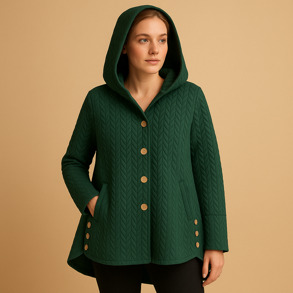 Lange winterjas voor dames met capuchon en knoopsluiting. Elegant, warm en duurzaam. Perfect voor dagelijks gebruik en stijlvolle winterlagen.