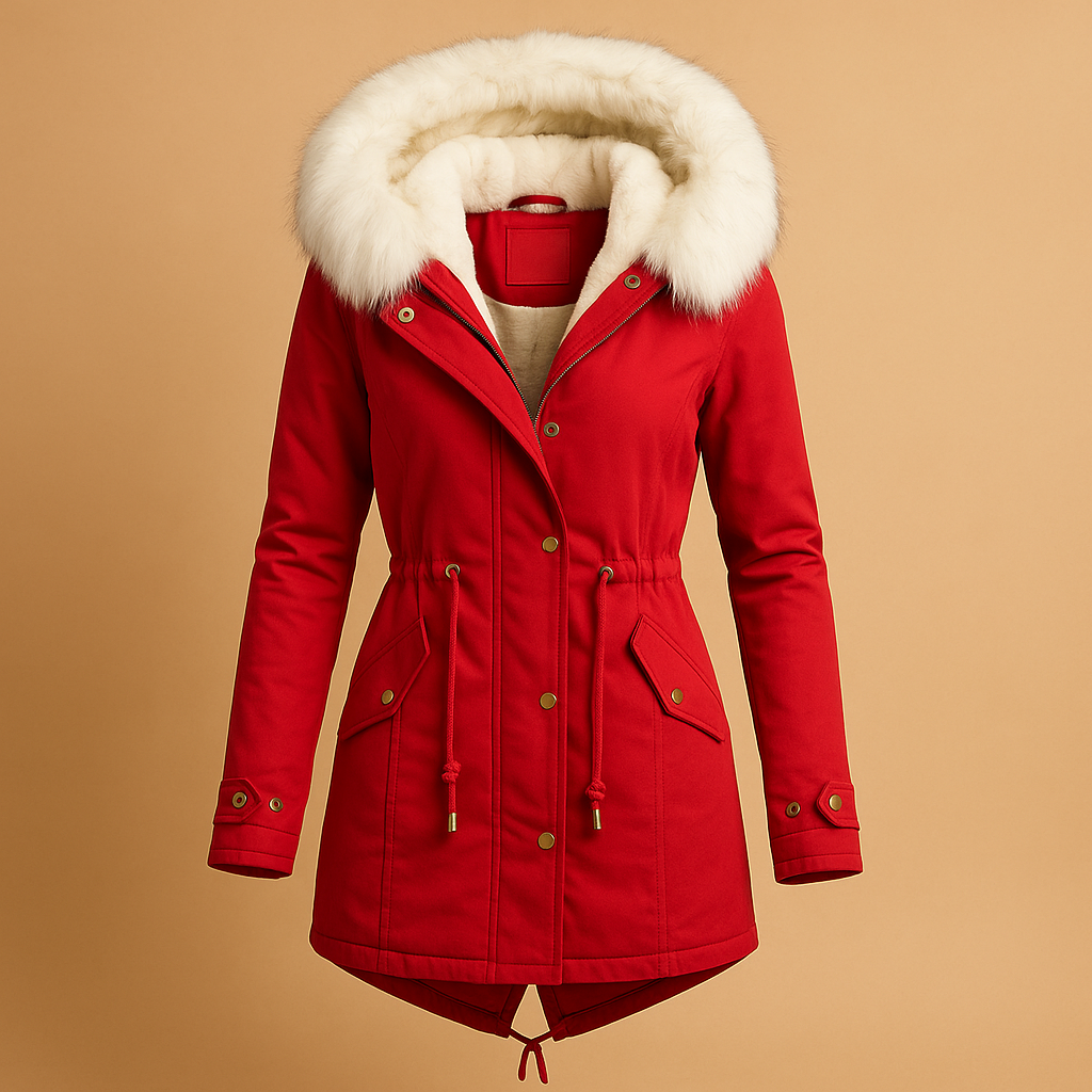 Lange winterjas voor dames met waterdichte afwerking, warme voering en imitatiebont capuchon. Ideaal voor stad, reizen en koude winterdagen.