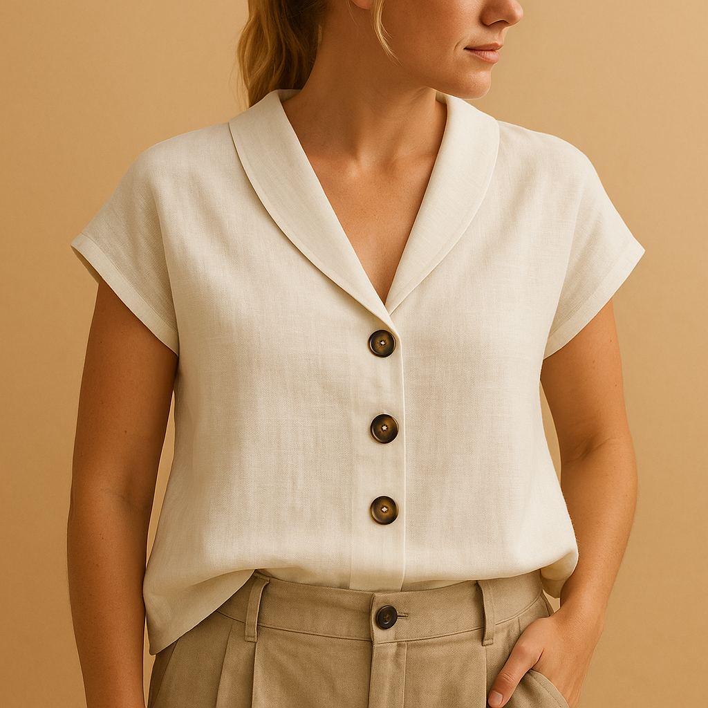 Damesblouse van katoen en linnen met ronde hals en knoopsluiting, perfect voor zomerse dagen en casual outfits.