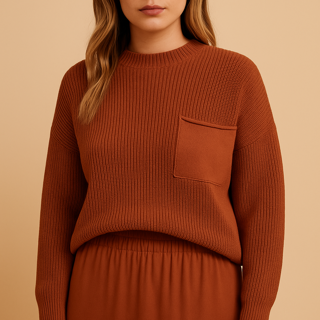 Minimalistische gebreide damestrui met relaxte pasvorm in neutrale kleuren, geschikt voor dagelijks gebruik en laagjes.