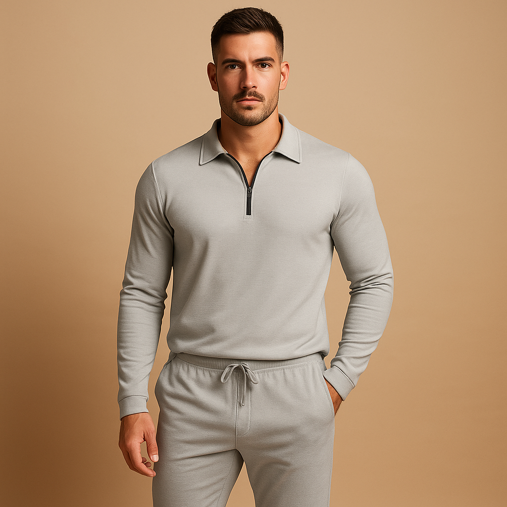 Moderne heren tracksuit met rits en tapered broek, perfect voor loungen of casual uitstapjes, in donkergrijs, blauw of zwart.
