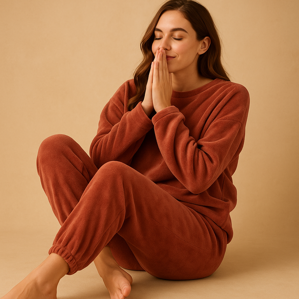 Comfortabele pyjamaset voor dames met lange mouwen en broek in roze, rood, bruin en grijs – ideaal om thuis te ontspannen.