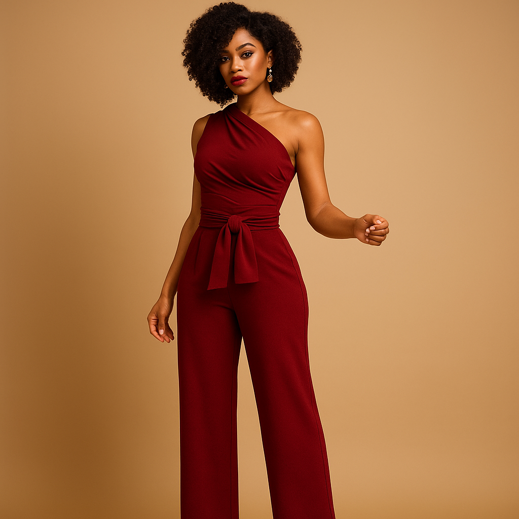 Elegante one-shoulder dames jumpsuit in rood of zwart met wijde broekspijpen, perfect voor zomerfeesten of speciale gelegenheden.