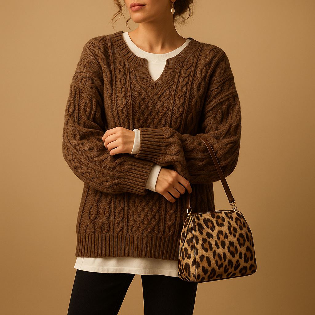 Oversized kabelgebreide damestrui met korte ronde hals, zacht en ademend, perfect voor laagjeslooks en casual winteroutfits.
