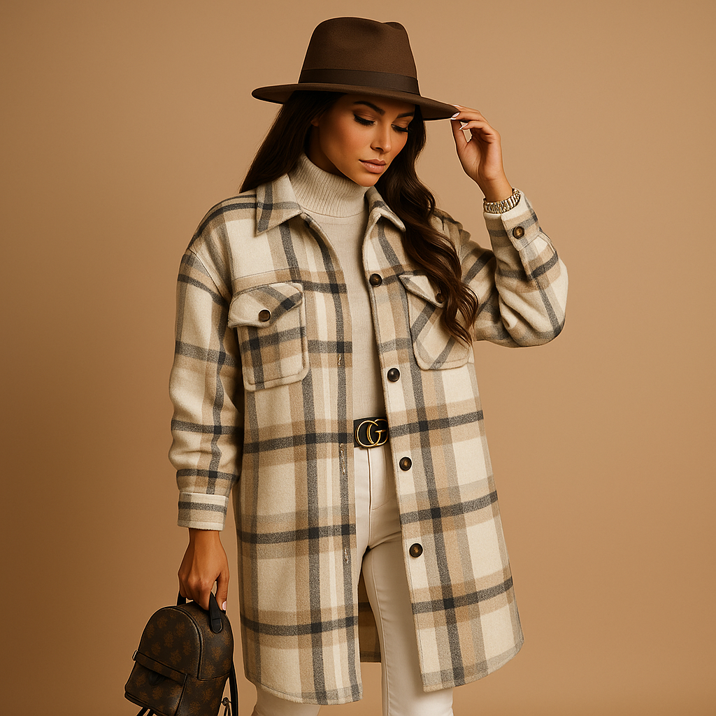 Lange geruite jas voor dames in wol-look met getailleerde pasvorm, zachte binnenkant en klassieke uitstraling. Perfect voor dagelijks en formeel gebruik.