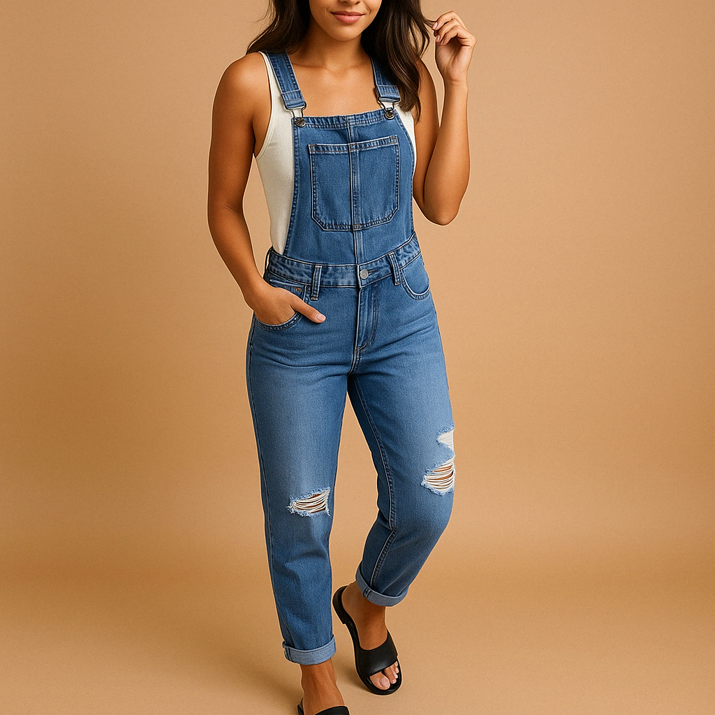 Dames denim overall met gescheurde details en verstelbare bandjes in grijs, lichtblauw en donkerblauw – ideaal voor streetwear of casual outfits