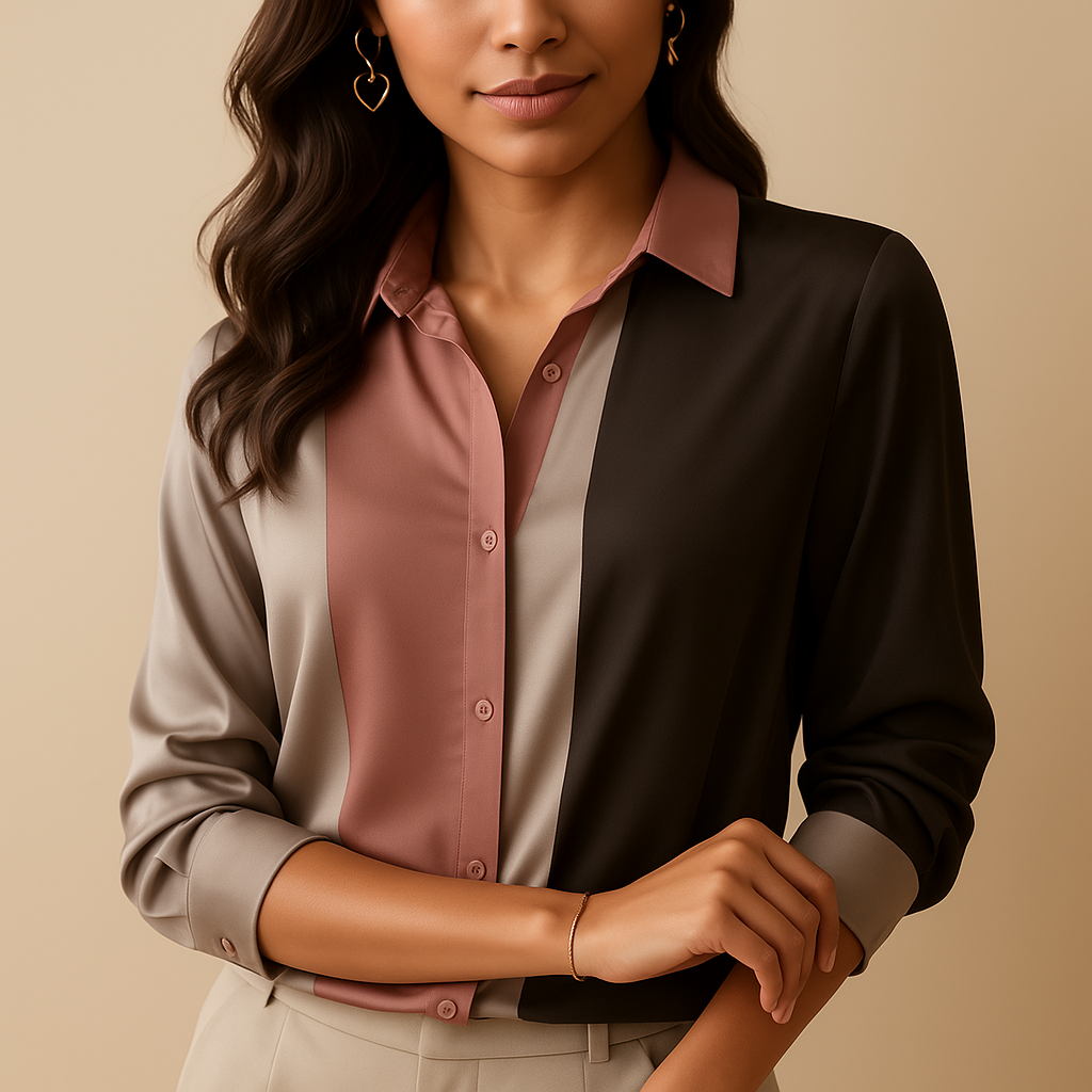 Satijnen damesblouse met patchwork strepen, losvallende pasvorm en klassieke kraag – ideaal voor chique herfstoutfits en werkgelegenheden