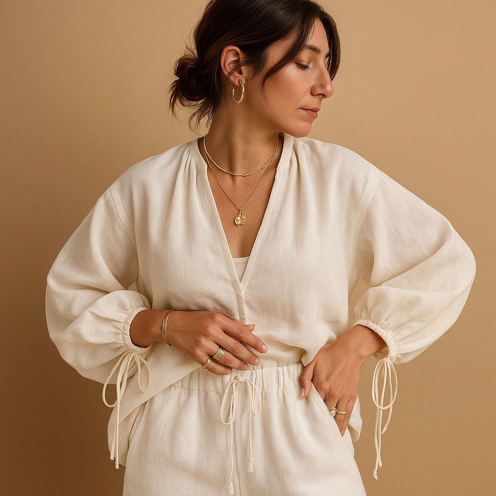 Dames set met V-hals top en short met ruches, perfect voor een stijlvolle en comfortabele zomerlook