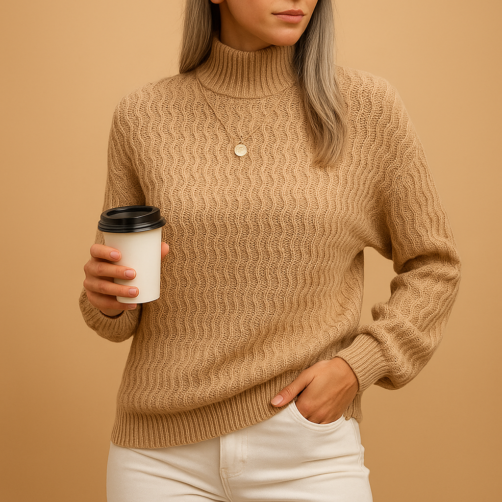 Stijlvolle coltrui gebreide trui voor dames in zachte abrikoos- en koffietinten, ideaal voor casual en formele looks.
