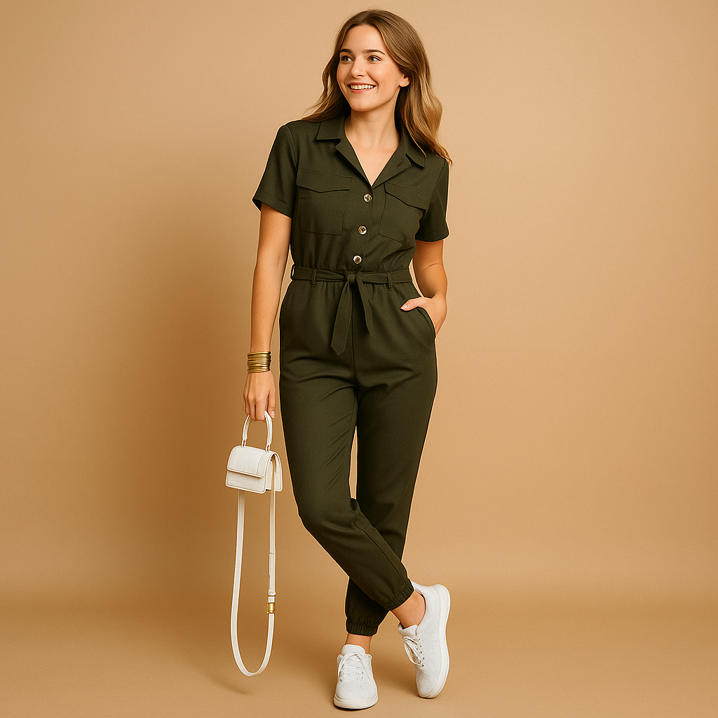 Dames jumpsuit met getailleerde pasvorm, V-hals en cargozakken in beige en olijfgroen, geschikt voor casual en chique gelegenheden