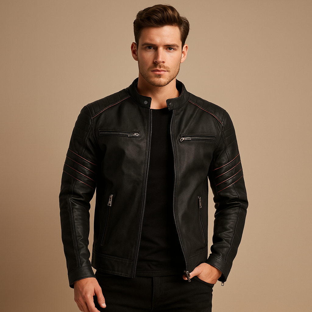Stoer bikerjack voor heren van premium kwaliteit met tijdloos design, weerbestendig materiaal en comfortabele pasvorm voor motorritten en casual gebruik.