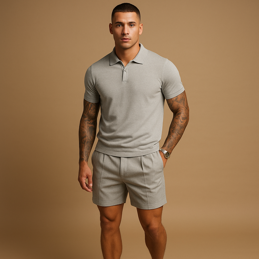 Streetwear set voor heren met ademend shirt en short in moderne stijl, perfect voor ontspannen dagen en stedelijke outfits.