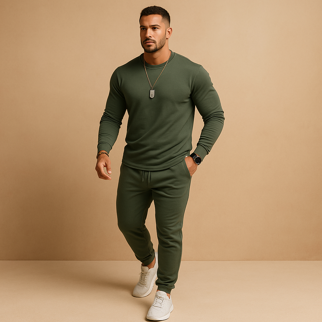 Trainingspak voor heren met moderne sweater en comfortabele joggingbroek, ideaal voor dagelijks gebruik, thuis of onderweg.
