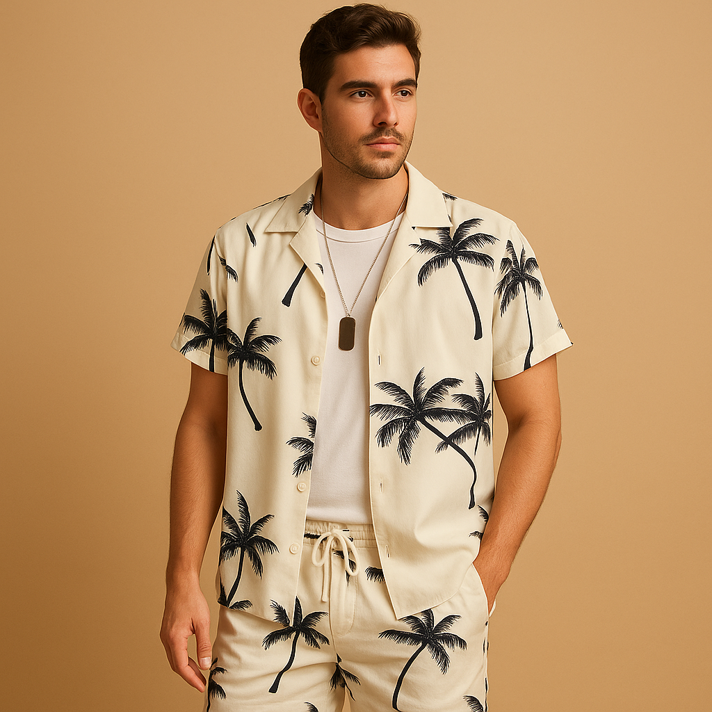 Zomerset voor heren met tropische palmbomen- en verenprint, perfect voor zonnige vakantiedagen en zomerse uitstapjes.