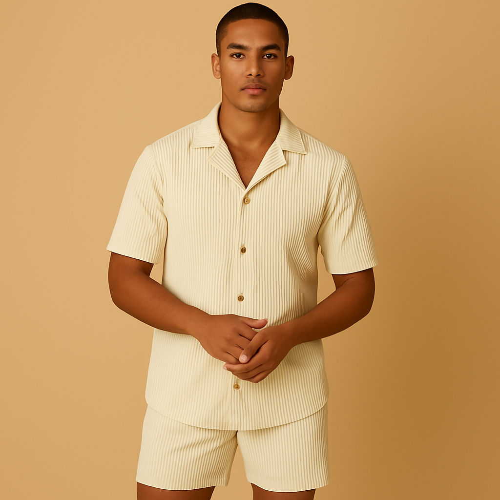 Tweedelige zomeroutfit voor heren met verfijnd design, elegante afwerking en comfortabele pasvorm, ideaal voor stijlvolle zomerse gelegenheden.