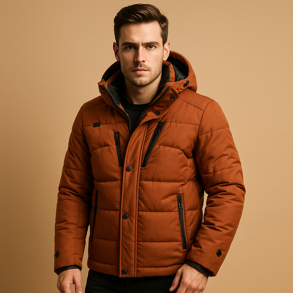 Warme donsparka voor heren met 90% donsisolatie, regular fit en afneembare capuchon, ideaal voor koude winterdagen en outdooractiviteiten.
