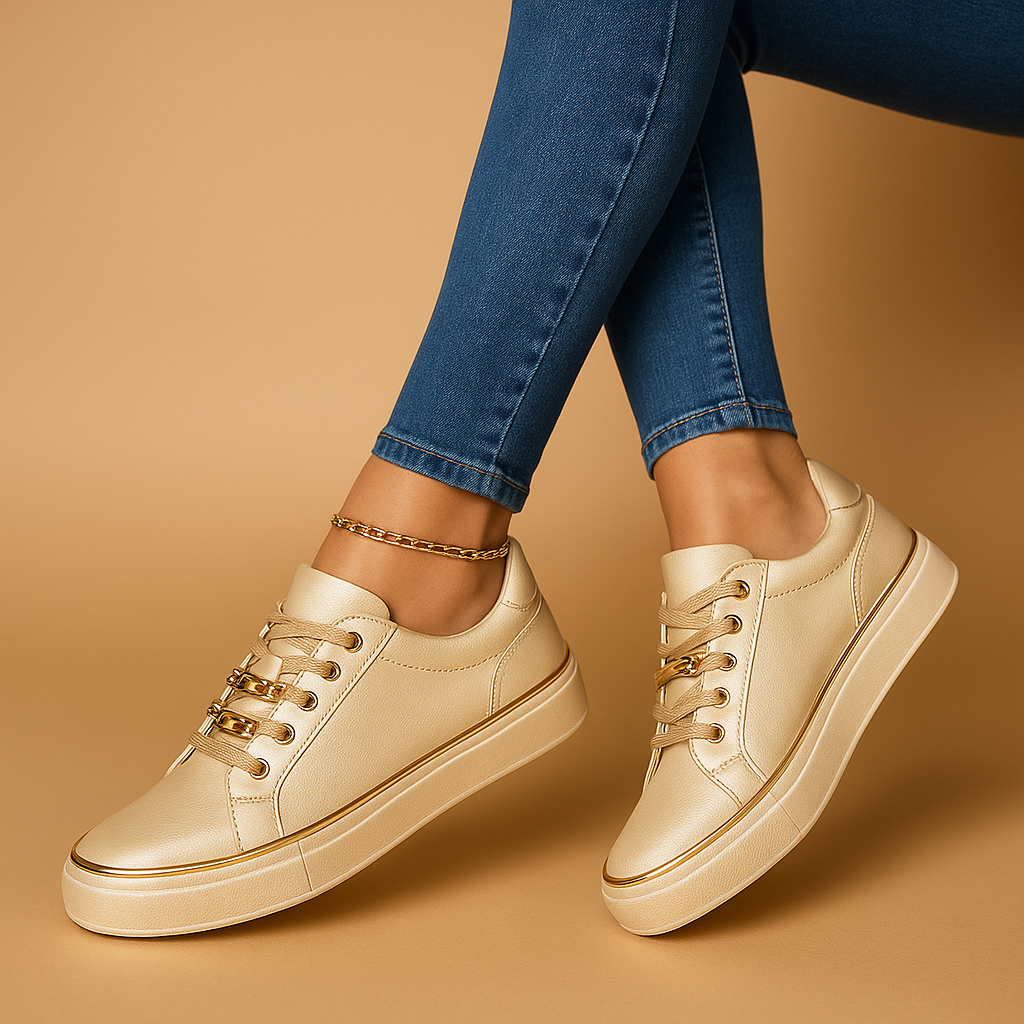 Stijlvolle witte sneakers met gouden accent voor dames, geschikt voor dagelijks gebruik en casual gelegenheden.