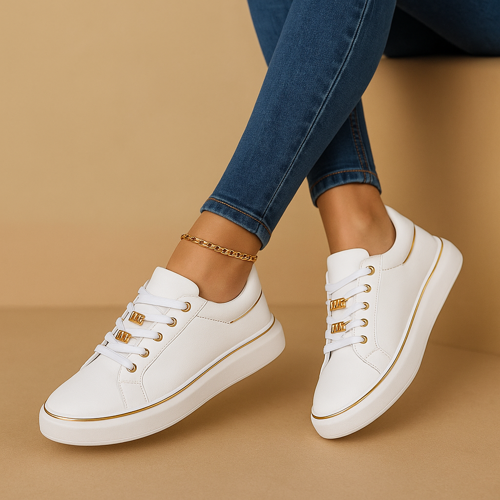 Stijlvolle witte sneakers met gouden accent voor dames, geschikt voor dagelijks gebruik en casual gelegenheden.