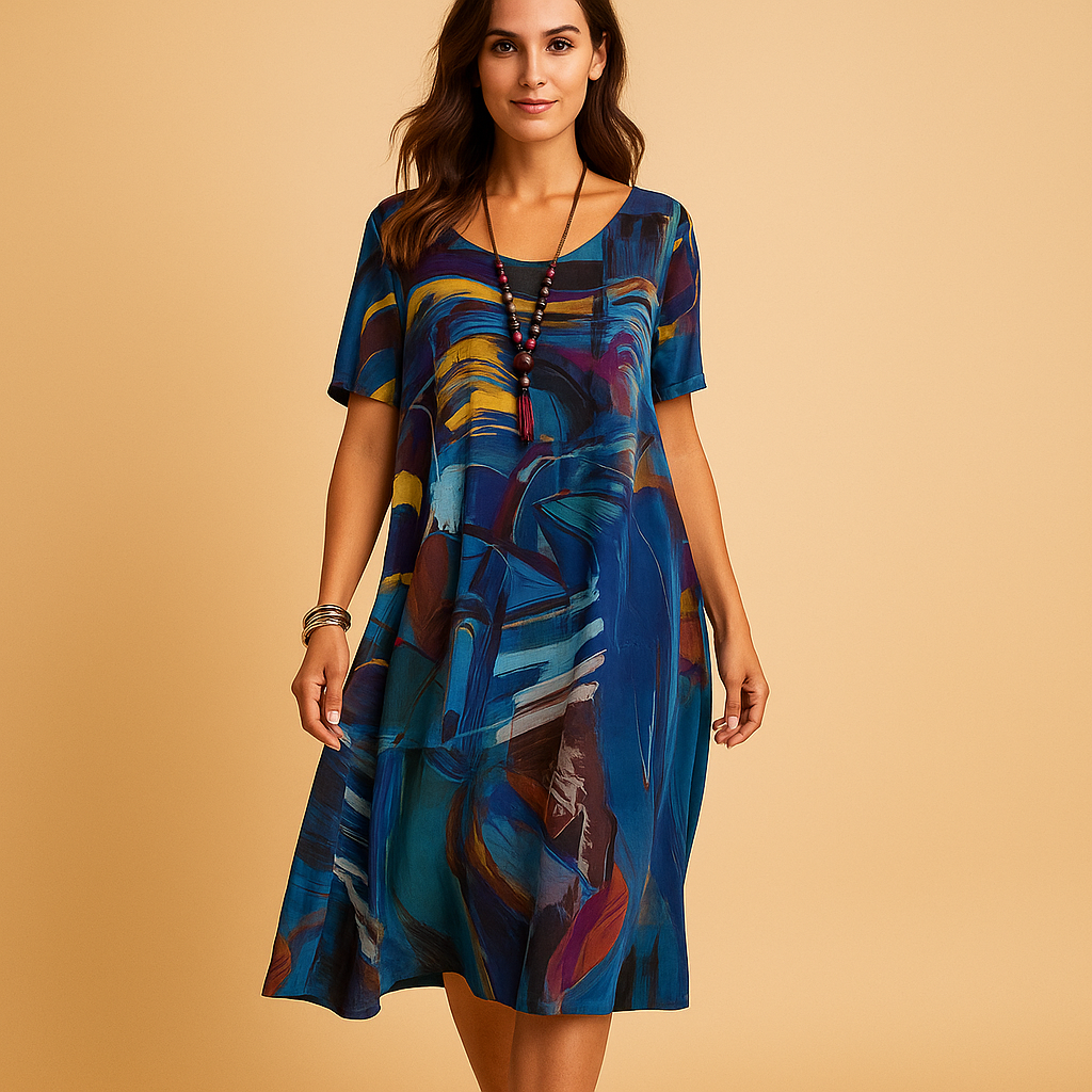 Artistieke damesjurk met handgeschilderd 3D-patroon en flatterende pasvorm, perfect voor creatieve gelegenheden en dagelijks gebruik