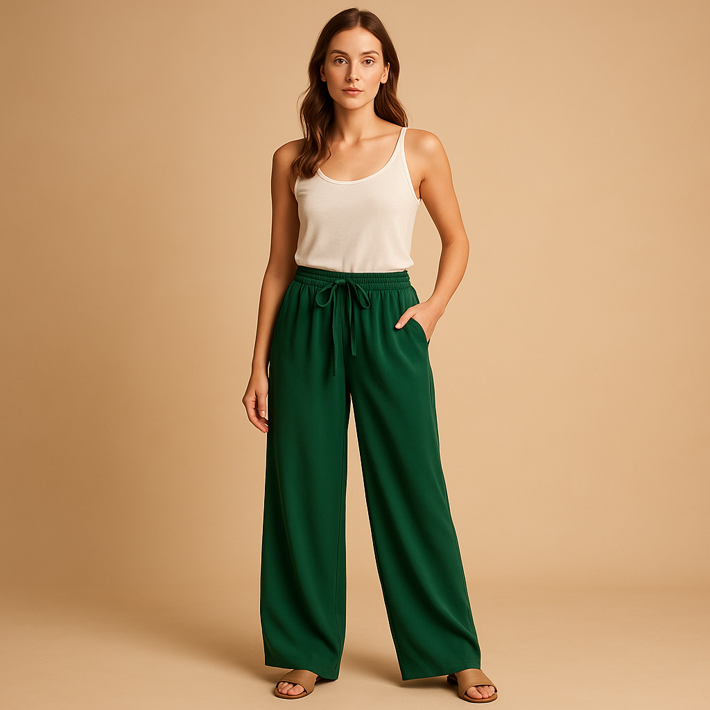 Luchtige damesbroek met elastische tailleband en losse pasvorm, geschikt voor zomerse casual of chique outfits.