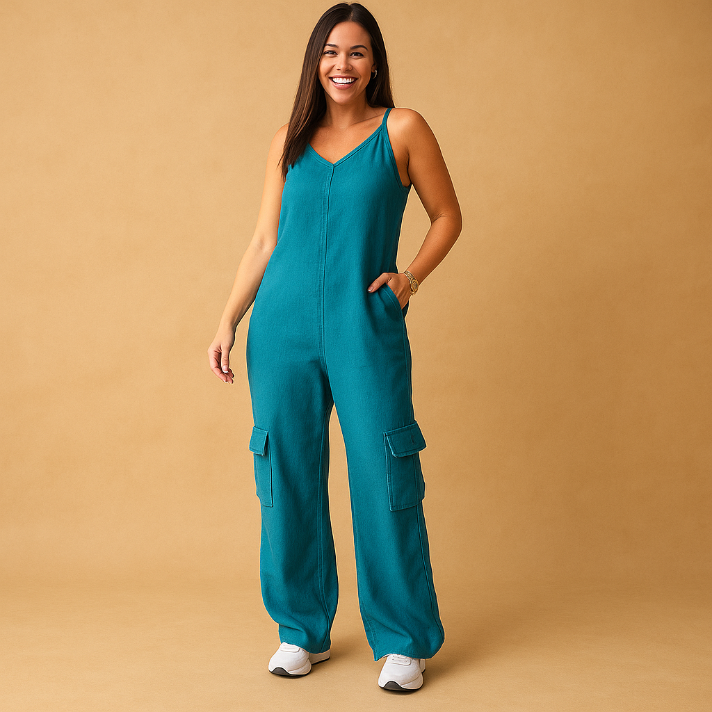Stijlvolle denim jumpsuit voor dames met diepe V-hals, open rug en rechte pijpen – ideaal voor casual dagen of festivals.