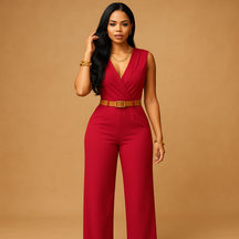 Stijlvolle dames jumpsuit met diepe V-hals en hoge taille, gemaakt van soepel en luxueus materiaal. Perfect voor feestjes en elegante avonden.