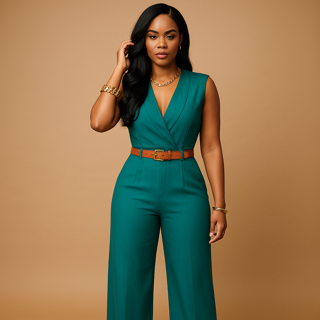 Stijlvolle dames jumpsuit met diepe V-hals en hoge taille, gemaakt van soepel en luxueus materiaal. Perfect voor feestjes en elegante avonden.