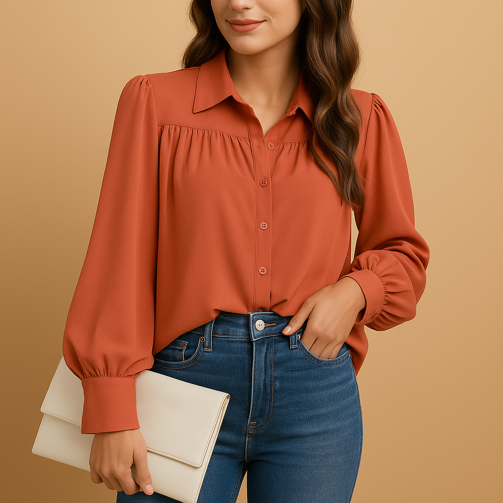 Elegante damesblouse met lantaarnmouw en gerimpelde details, ideaal voor werk, lente en herfst