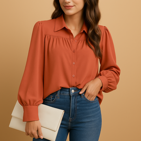 Elegante damesblouse met lantaarnmouw en gerimpelde details, ideaal voor werk, lente en herfst