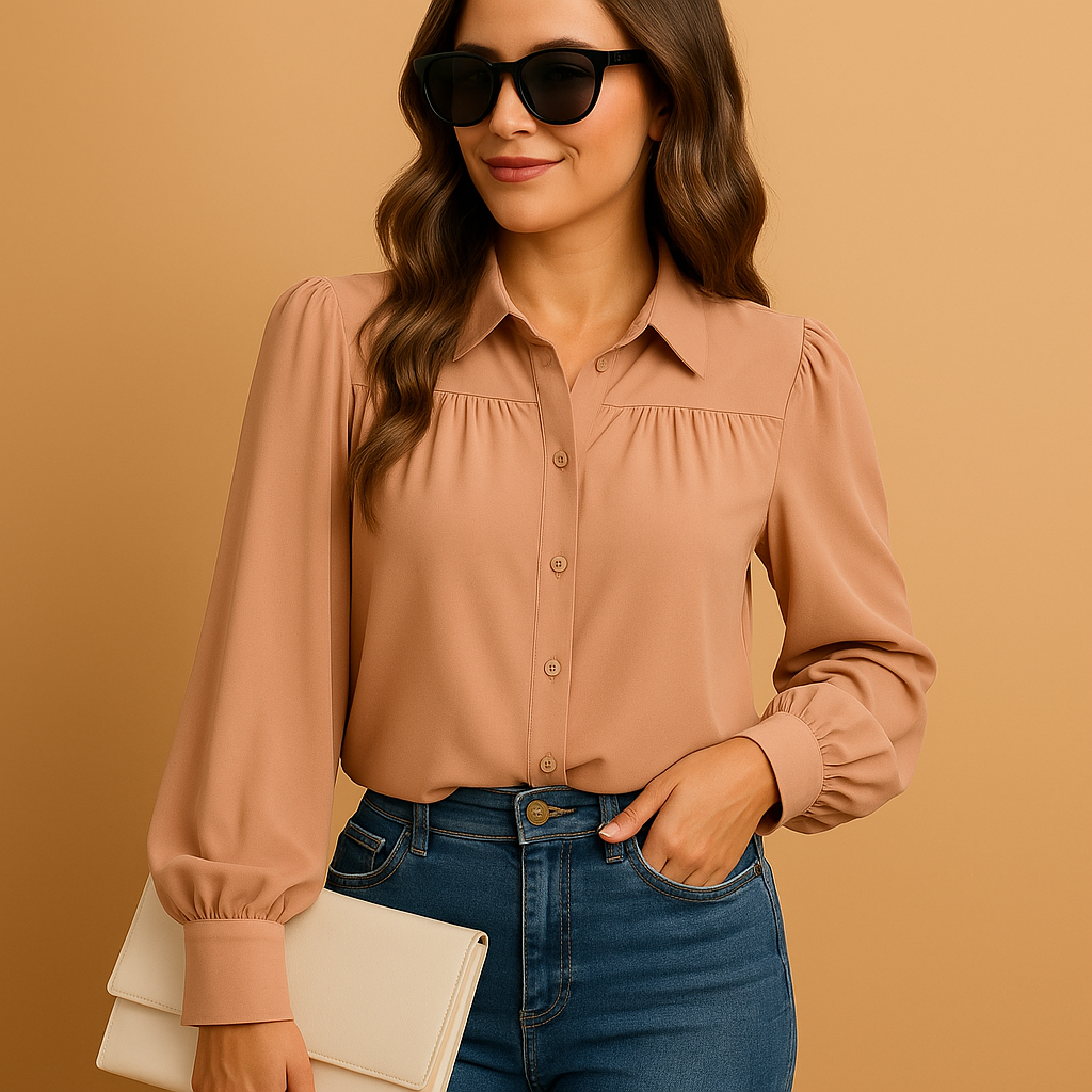 Elegante damesblouse met lantaarnmouw en gerimpelde details, ideaal voor werk, lente en herfst