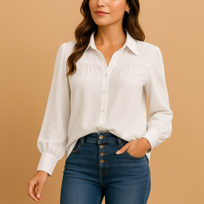 Elegante damesblouse met lantaarnmouw en gerimpelde details, ideaal voor werk, lente en herfst