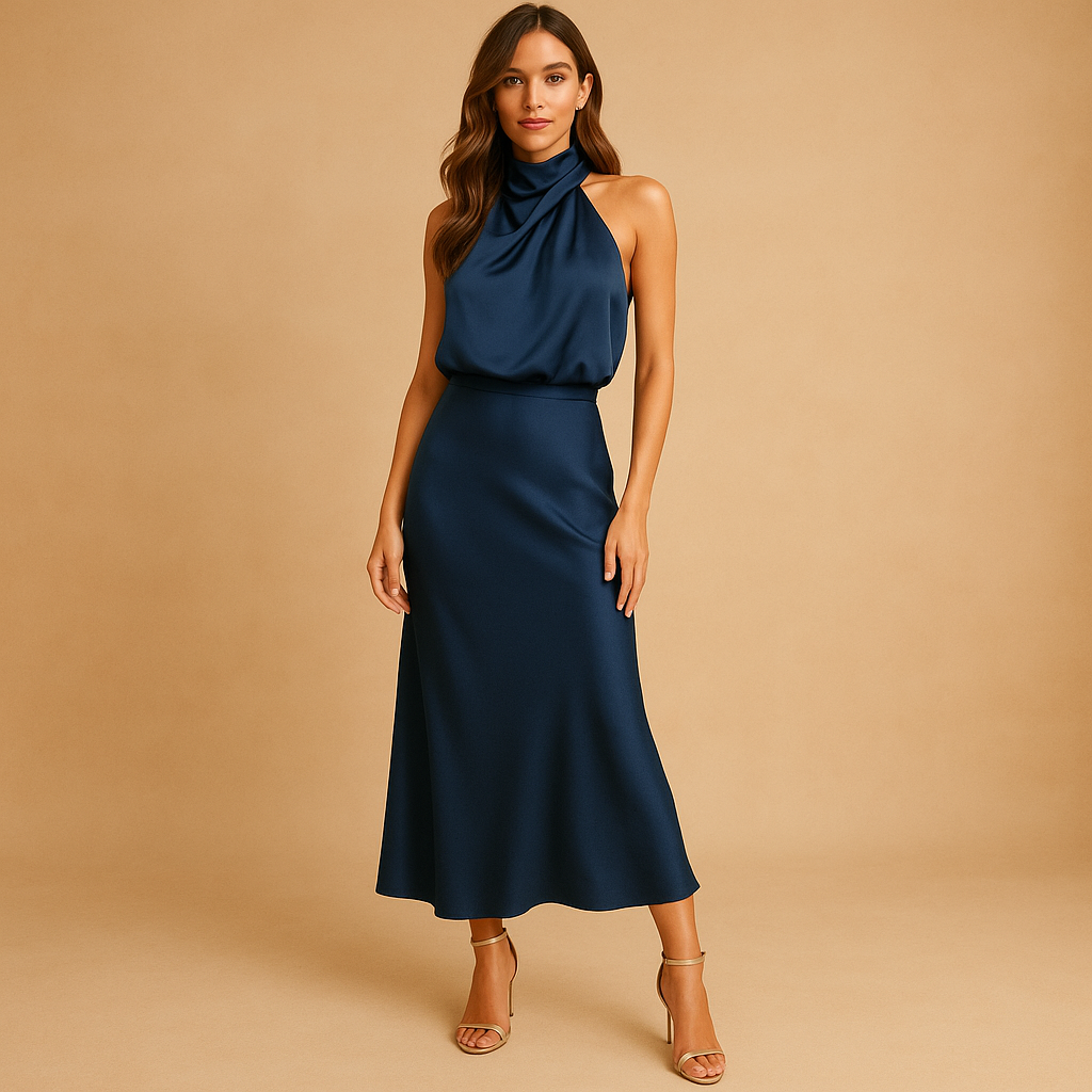 Elegante damesjurk in stretchstof met flatterende pasvorm, perfect voor lente, zomer en diverse gelegenheden.