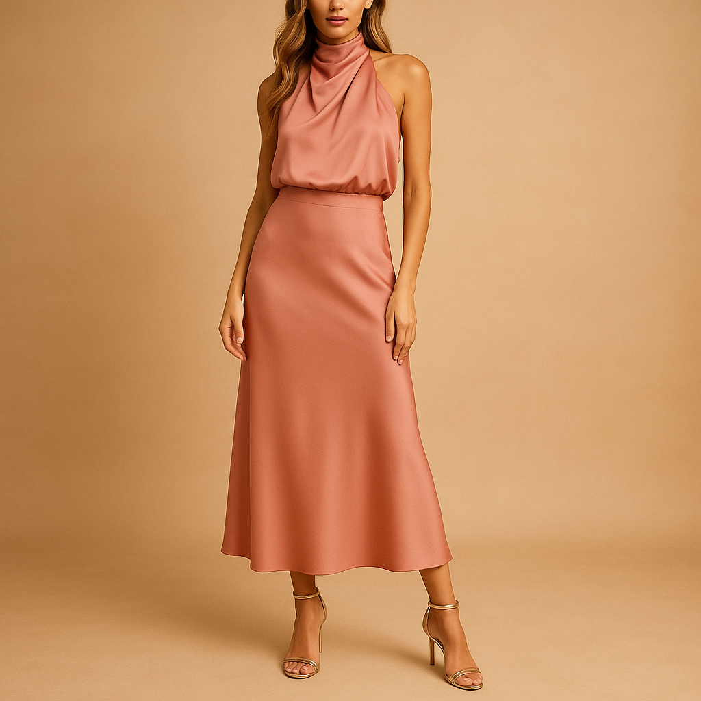 Elegante damesjurk in stretchstof met flatterende pasvorm, perfect voor lente, zomer en diverse gelegenheden.