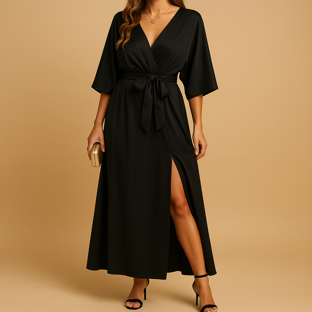Vrouw draagt elegante V-hals jurk voor dames, geschikt voor dagelijkse en feestelijke gelegenheden.