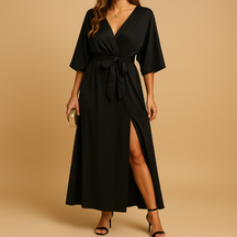 Vrouw draagt elegante V-hals jurk voor dames, geschikt voor dagelijkse en feestelijke gelegenheden.