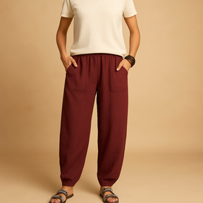 Zomerbroek voor dames met hoge taille, losse pasvorm en boho design, ideaal voor zomerse dagen en ontspannen outfits.