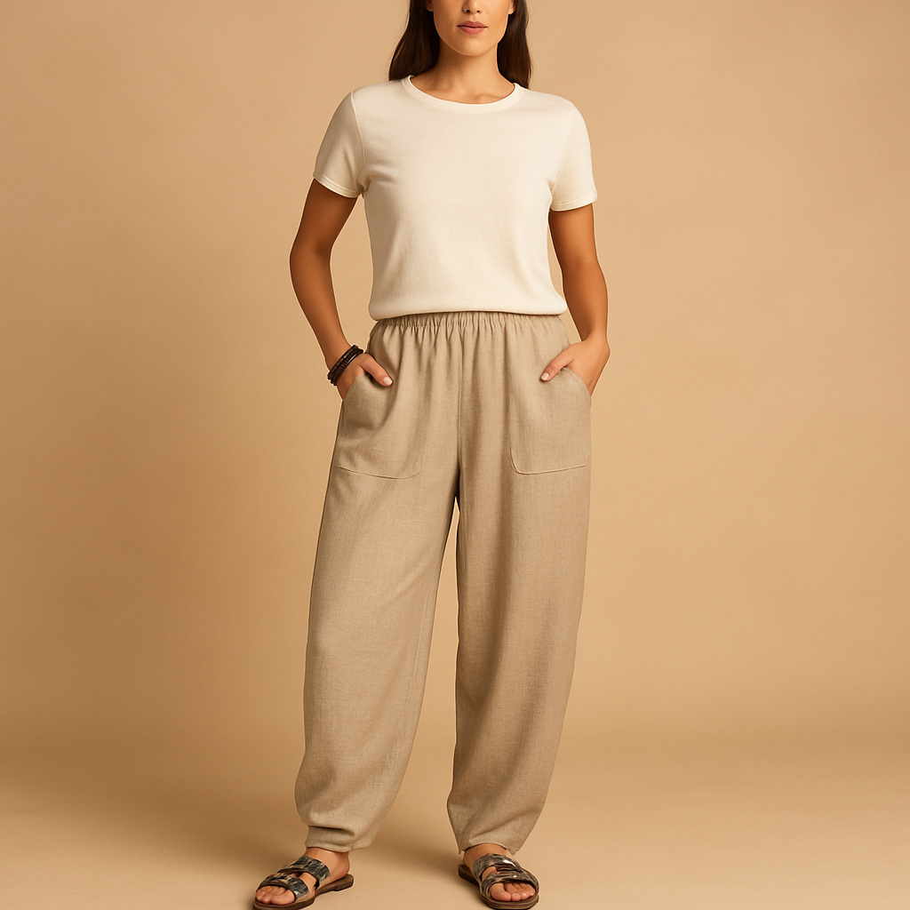 Zomerbroek voor dames met hoge taille, losse pasvorm en boho design, ideaal voor zomerse dagen en ontspannen outfits.