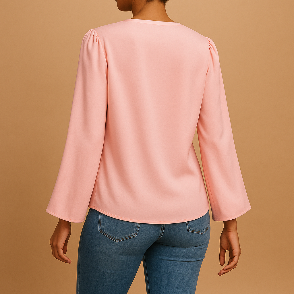 Dames blouse van chiffon met V-hals en pofmouwen in beige, roze en blauw – luchtig en elegant voor elke gelegenheid.