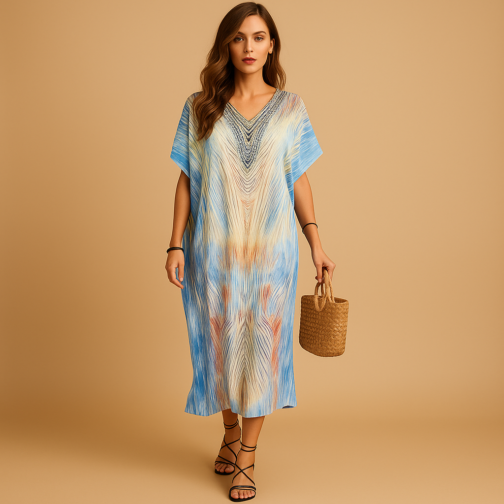Comfortabele maxi-jurk voor dames in ademende stof met flatterende pasvorm, ideaal voor lente- en zomerdagen.
