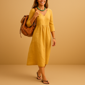 Hoog getailleerde dames midi-jurk met V-hals en halflange mouwen, geschikt voor formele en casual gelegenheden.