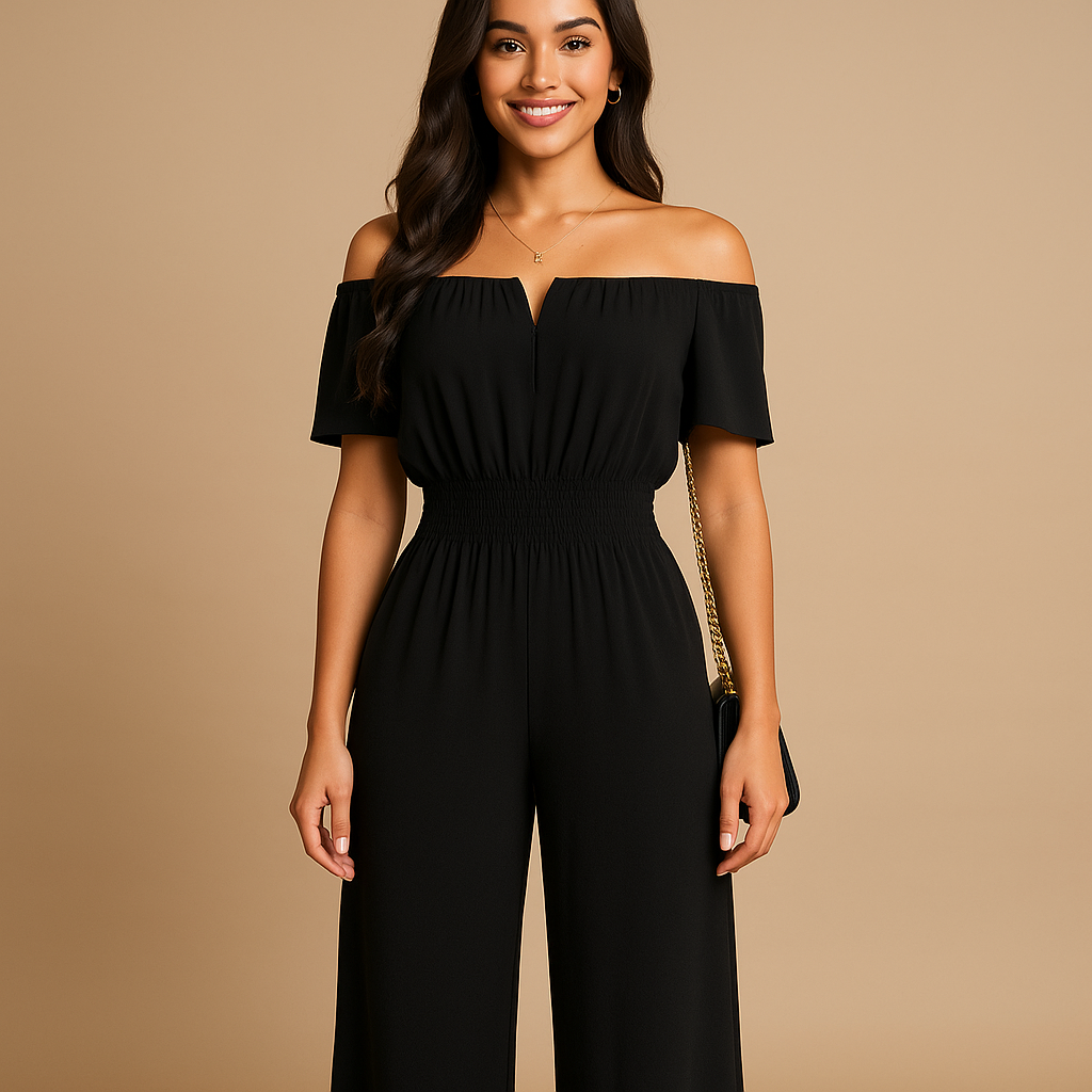 Dames jumpsuit met off-shoulder ontwerp, geplooide details en elastische taille, perfect voor casual zomeroutfits en feestelijke gelegenheden.