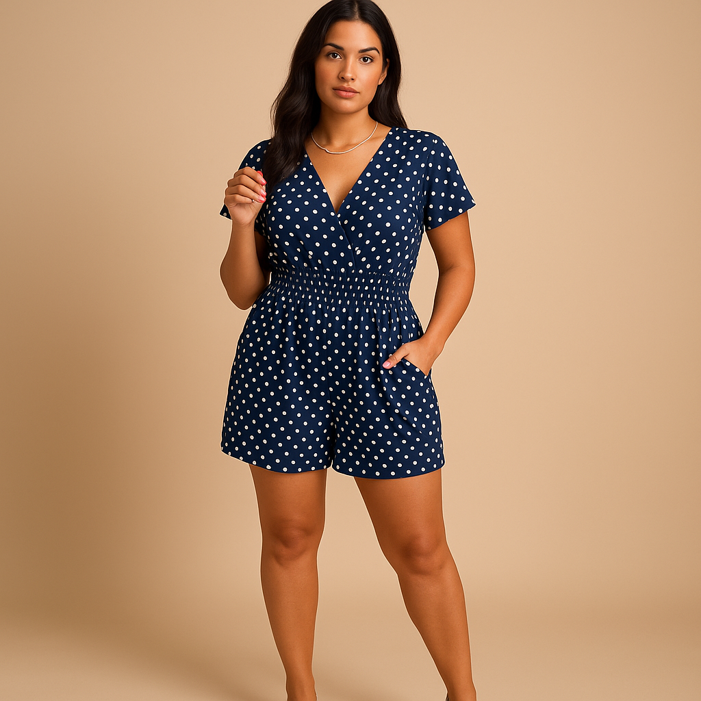 Dames jumpsuit met polkadotprint en zakken in donkerblauw, blauw en zwart – perfect voor zomerse casual dagen of een avondje uit.