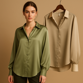 Elegante satijnen blouse voor dames met omgeslagen kraag en knoopsluiting, perfect voor formele en casual gelegenheden.