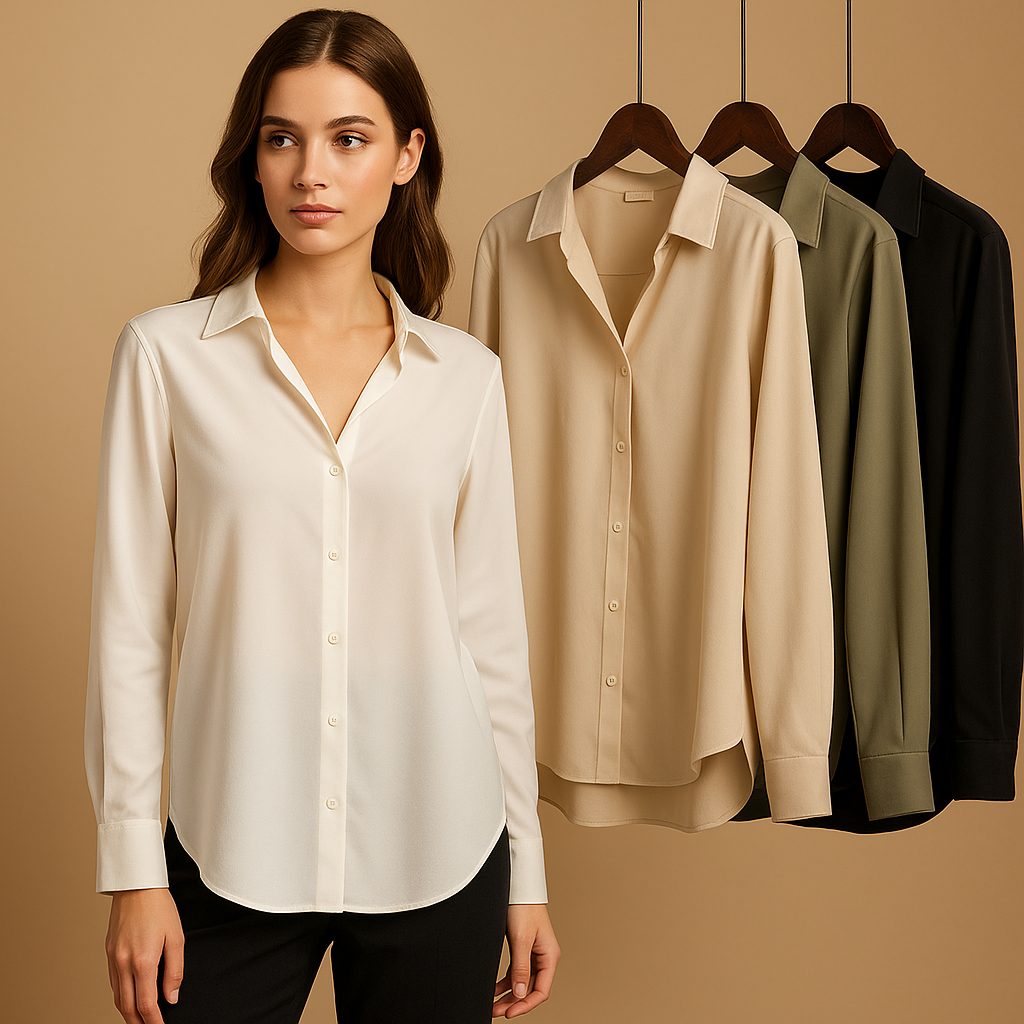 Elegante satijnen blouse voor dames met omgeslagen kraag en knoopsluiting, perfect voor formele en casual gelegenheden.