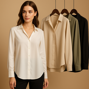 Elegante satijnen blouse voor dames met omgeslagen kraag en knoopsluiting, perfect voor formele en casual gelegenheden.
