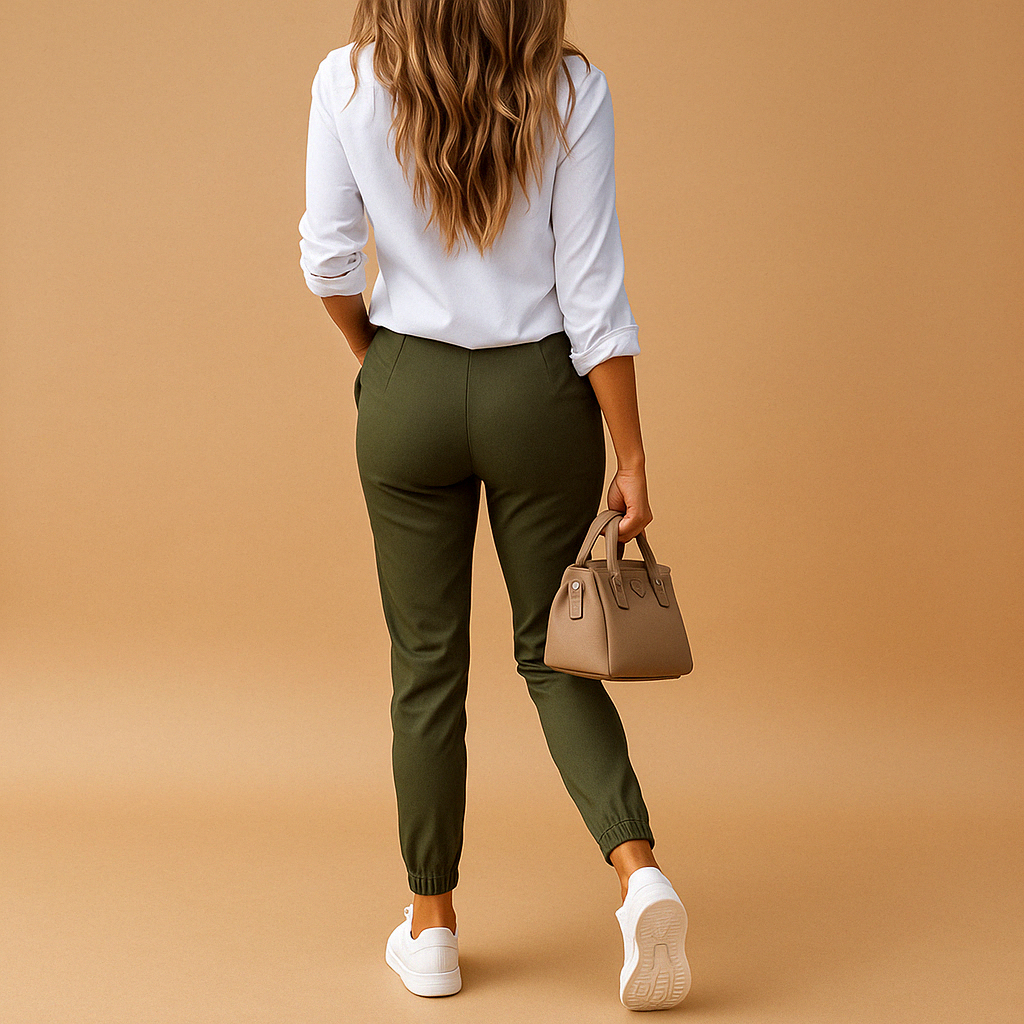 Dames chino broek met slim fit en stretch, verkrijgbaar in zwart, khaki en legergroen, perfect voor werk of casual outfits.