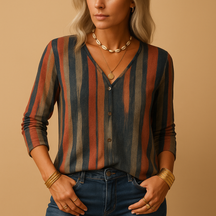 Stijlvolle dames top met lange mouwen, patchwork en streeppatronen, perfect voor casual en trendy outfits.