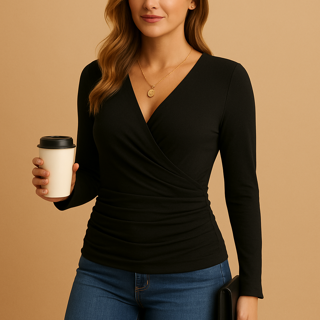 Dames V-hals shirt met lange mouwen in klassiek design, ideaal voor werk of vrije tijd