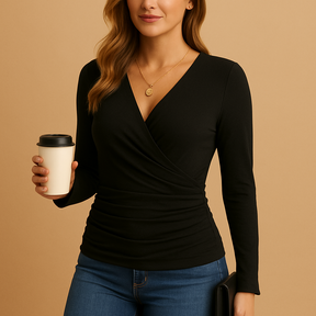 Dames V-hals shirt met lange mouwen in klassiek design, ideaal voor werk of vrije tijd